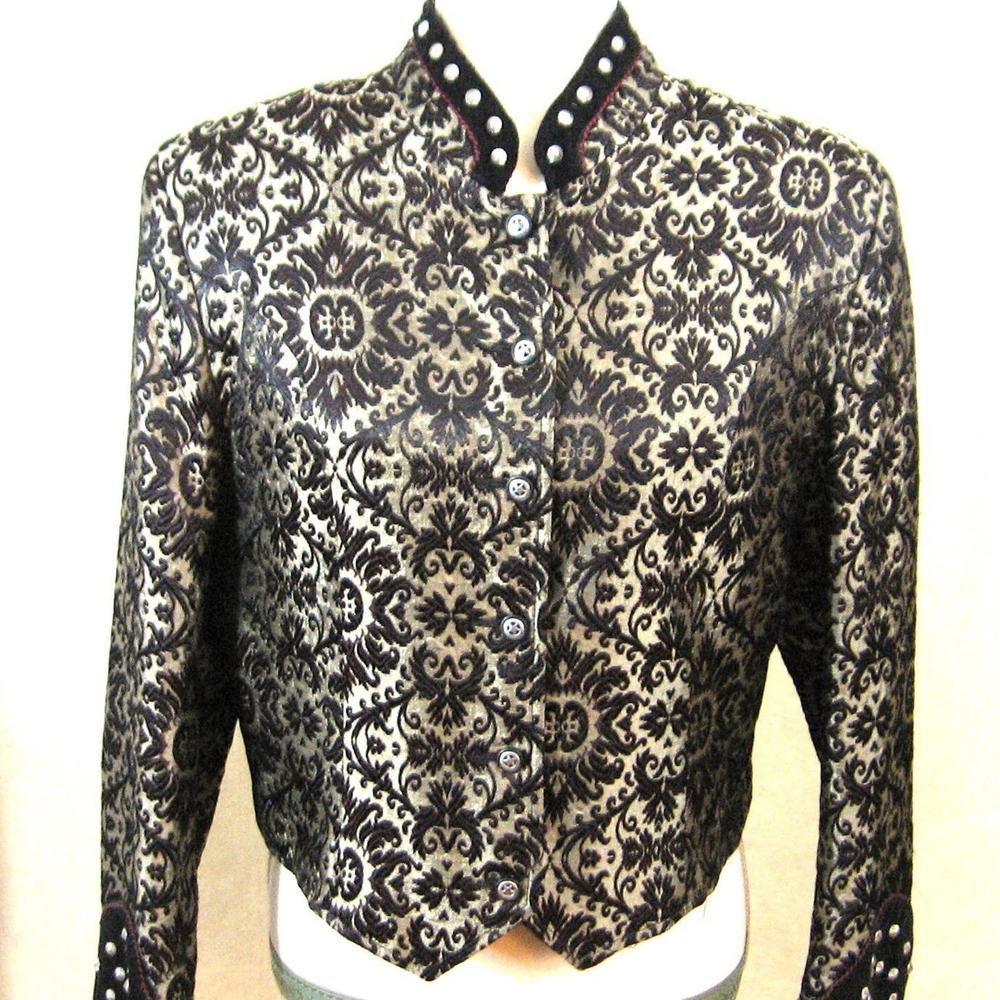 Pioneer Wear - Black Velvet Brocade Cropped Jacket Coat Studded Tuxedo Size L
